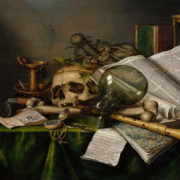 Edwaert Collier: Vanitas - Bodegón con libros, manuscritos y una calavera. Impresión/Póster de Bellas Artes. (003979)