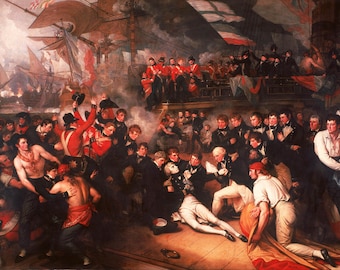May include: A painting depicting a chaotic scene on a ship's deck.  Men in red and blue uniforms are fighting, while others are trying to escape the chaos.  The painting is full of action and movement, and the colors are vibrant and bold.