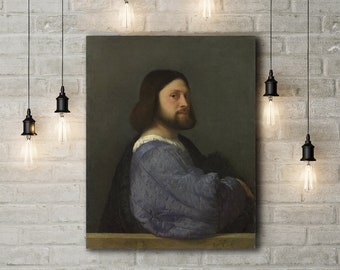 Può includere: Un dipinto di un uomo in una veste blu, su uno sfondo scuro. L'uomo ha la barba e guarda a destra. Il dipinto è in una cornice semplice.