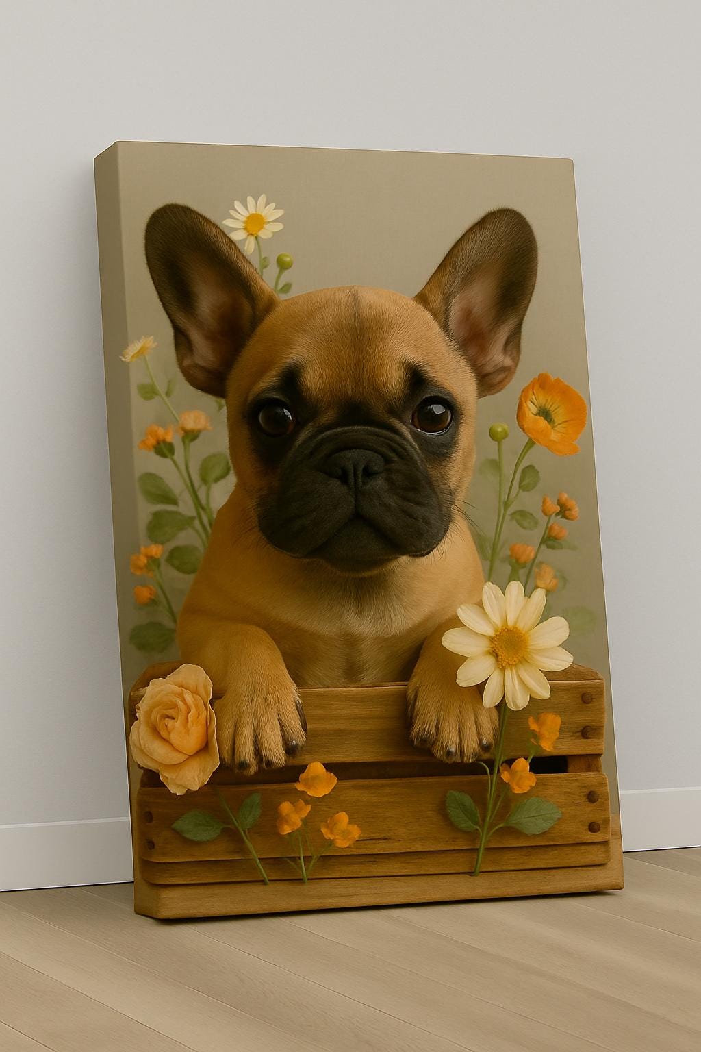 フレンチブルドッグの可愛い子犬と花の入った木箱、花柄のペットポートレート。木製フレームにプリントされたキャンバスアートで、すぐに壁に掛けられます。 -  Etsy 日本, image size:1024x1536