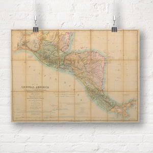 Mapa de América Central (1850) incluyendo los estados de Guatemala, Salvador, Honduras, Nicaragua y Costa Rica. Impresión/póster de vintage mapeando