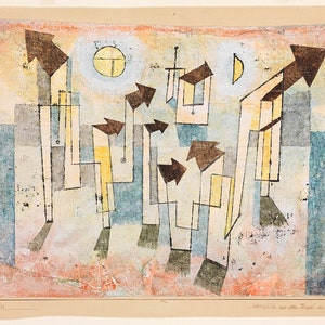 Könnte beinhalten: Abstrakter Kunstdruck mit geometrischen Formen in Braun-, Gelb-, Blau- und Grautönen. Der Druck enthält eine Sonne und einen Halbmond. Die Unterschrift des Künstlers "Klee" ist in der linken unteren Ecke sichtbar.