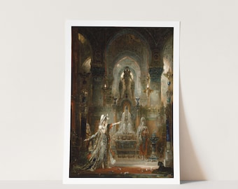 May include: A painting depicting a woman in a white gown standing in a grand, ornate room. She is holding a small, glowing object in her hand. Two other figures, also in white gowns, are seated on a throne in the background. The room is decorated with intricate arches and columns, and the walls are adorned with gold and silver accents.