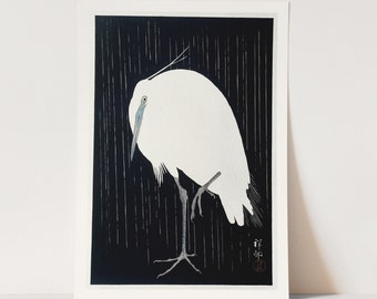 Premium Giclée Print of Egret in the rain by Ohara Koson. Contemporary Bird Print.