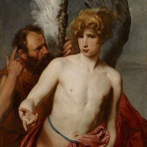 Peut inclure: Une peinture représentant un jeune homme aux cheveux blonds bouclés, portant une robe rouge et bleue, avec une grande aile blanche et grise derrière lui. Un homme plus âgé avec une barbe se tient derrière lui, pointant du doigt le jeune homme.