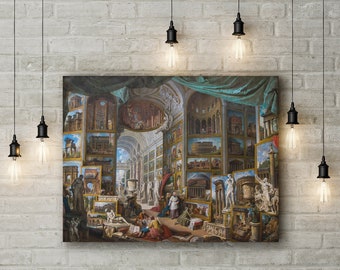May include: A painting depicting a large, ornate room filled with smaller paintings of ancient Roman architecture. The room is brightly lit and features a vaulted ceiling. The paintings are arranged in a grid pattern and depict various structures, including arches, columns, and temples.