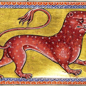 May include: A red lion with white spots and a curled tail, depicted in a medieval illuminated manuscript. The lion is set against a gold background with a blue and red border.
