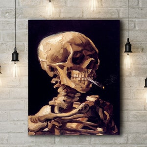 May include: A painting of a human skull with a cigarette in its mouth. The skull is painted in a realistic style with a dark background.