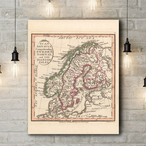 Leinwand Kunstdruck einer Karte von Skandinavien, die Schweden, Norwegen und die dänischen Inseln um 1798 umfasst. Große Leinwand (30 x 20 Zoll)