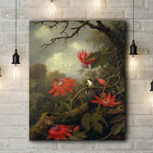 Stampa moderna in tela di colibrì e fiori di passione di Martin Johnson Heade.
