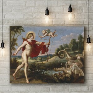 May include: A painting depicting a nude male figure with a red cloak, holding a bow and arrow, standing over a slain dragon. A winged cherub flies above, also holding a bow and arrow. The scene is set in a lush, green landscape.