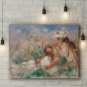 Canvas Art Print of Girls in the Grass Arranging a Bouquet by Pierre-Auguste Renoir. (Large Size 30 x 20 Inches)