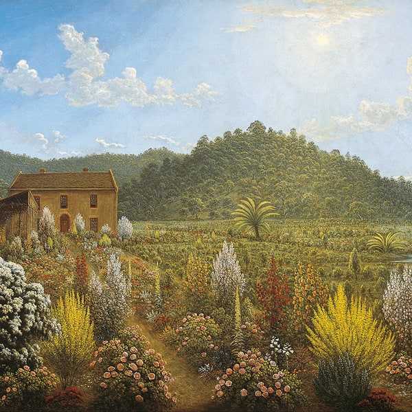 John Glover: A view of the Artist's House and Garden, in Mills Plains, Van Diemen's Land. Fine Art Print/Poster