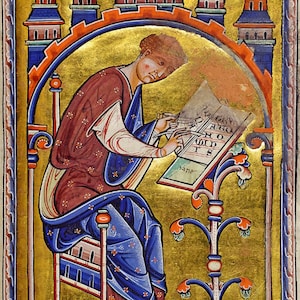 May include: A medieval manuscript illustration depicting a scribe seated in a chair, writing in a book. The scribe is wearing a red and blue robe and is surrounded by a gold background with a decorative archway and towers.