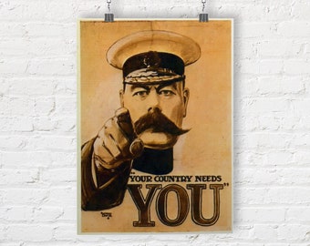 Your Country Needs You, Lord Kitchener Vintage Propaganda Print/Poster.