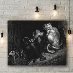 Canvas Art Print of Minos Judges The Sinners, Dantes Inferno by Gustave Dore. Large Size (30 x 20 Inches)