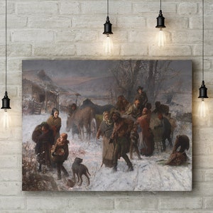 May include: A painting depicting a group of people in a snowy landscape. The people are dressed in warm clothing and appear to be traveling. There is a small building in the background and a horse and cart in the foreground.