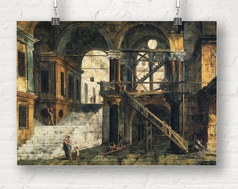 May include: A painting depicting a large, open, interior space with a vaulted ceiling. The space is filled with scaffolding and wooden beams, suggesting a construction project. Several figures are visible, some working on the scaffolding, others walking through the space. The painting is done in a realistic style, with a focus on detail and light.