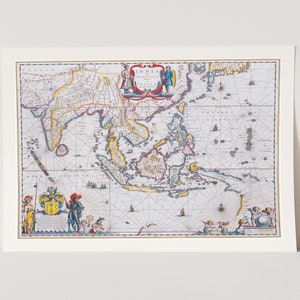 Premium Giclée Druck von Willem Blaeu: Karte von Südostasien. Vintage Karte Drucken.