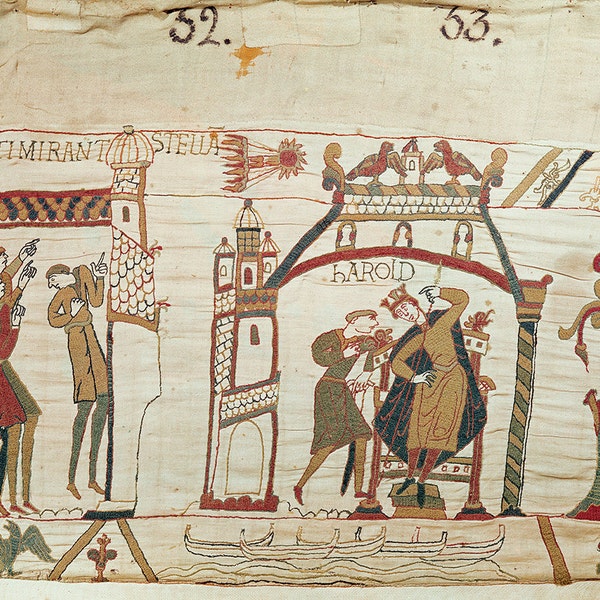 Halley's Comet and Harold Receiving Bad News, detail from the Bayeux Tapestry. Fine Art Print/Poster. (003636)