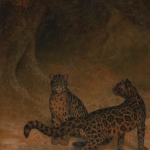 May include: A painting depicting two clouded leopards in a dark forest setting. The leopards are brown and black with spots. The painting is signed "Sumatra" in the bottom left corner.