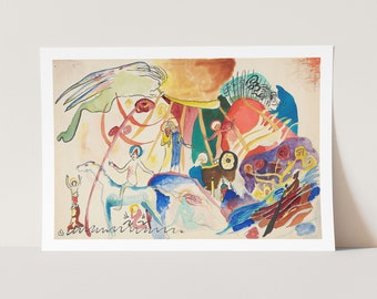 May include: Abstract watercolor painting with a vibrant color palette. The painting features a central figure riding a white horse, surrounded by other figures and abstract shapes. The colors include red, orange, yellow, green, blue, and purple.