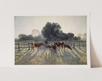 May include: A painting of a rural scene with a group of brown and white cows standing in a field with a wooden fence. The cows are standing in the shade of a large tree. The sky is a light blue with some clouds. The painting is done in a realistic style.