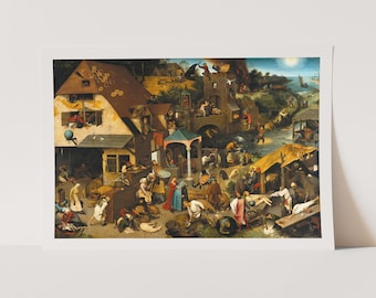 May include: A detailed oil painting depicting a bustling medieval town scene with many figures and buildings. The painting is full of intricate details and symbolism, including a large building with a honeycomb roof, a central fountain, and a variety of people engaged in different activities.