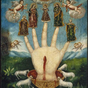 May include: A painting depicting a hand with five fingers, each topped with a figure of a saint. The hand is holding a chalice filled with blood, and there are sheep surrounding the chalice. The painting is set against a blue sky with clouds and a figure of God in the upper centre.