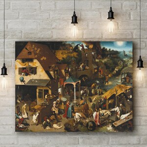 Canvas Art Print of Pieter Bruegel the Elder: Netherlandish Proverbs.Popular Gallery Wrapped Canvas Art. Large Size (30 x 20 Inches)