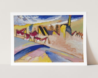 May include: Abstract painting of a town with red, yellow, and blue buildings. The sky is blue with white clouds. The painting is signed "Kandinsky" in the lower left corner.
