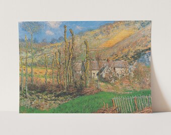 May include: A painting of a rural landscape with a small house and a fence in the foreground. The house is white with a brown roof and is surrounded by trees. The fence is made of wooden slats and is painted white. The background is a rolling hillside with a blue sky and white clouds.
