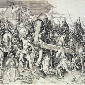 May include: A black and white engraving depicting a scene from the Passion of Christ. Jesus carries a wooden cross as he walks towards his crucifixion.  A crowd of people follows behind him, some on horseback, others on foot.  The engraving is detailed and expressive, capturing the drama and emotion of the event.