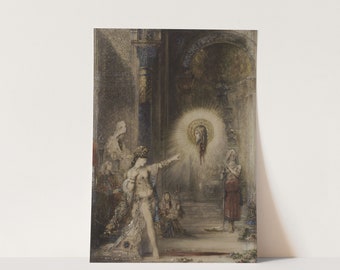 May include: A watercolor painting depicting a woman in a flowing gown, pointing towards a radiant figure with a halo. The scene is set in a dimly lit, ornate room with columns and arches.