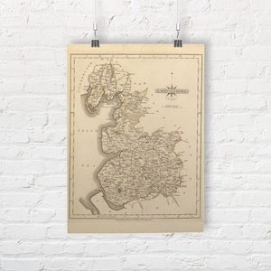 Kaart van Lancashire, Engeland 1793. Vintage / antieke stijl oude kaart repro print / poster