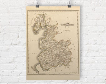 Map of Lancashire, England 1793. Vintage/Antique Style Old Map Repro Print/Poster