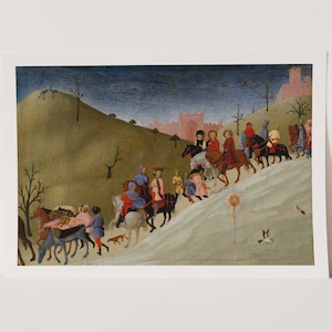 May include: A painting depicting a procession of people on horseback traveling through a snowy landscape. The figures are dressed in colorful clothing and are accompanied by a dog. In the background, a castle is visible on a hill.
