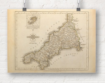 Map of Cornwall, England 1793. Vintage/Antique Style Old Map Repro Print/Poster