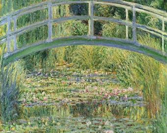 May include: Impressionist painting of a Japanese footbridge over a pond filled with water lilies. The bridge is light green with a curved arch, set against a backdrop of lush greenery and reflections in the water.