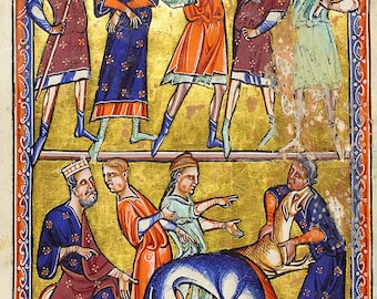 May include: A medieval manuscript illustration depicting a scene of violence. The top half shows a group of men in colourful clothing, one of whom is being attacked by others. The bottom half shows a man being attacked by a dog, while another man holds a dead animal. The illustration is painted on a gold background with intricate borders.