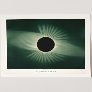 May include: A vintage illustration depicting a total solar eclipse. The image showcases the sun's corona, a bright, white halo of plasma surrounding the sun, and the dark silhouette of the moon obscuring the sun's light. The image is rendered in shades of green and white.