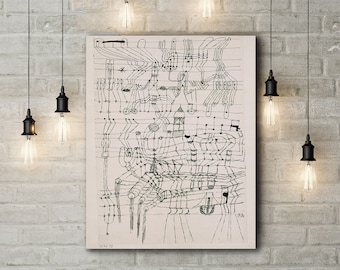 Può includere: Disegno astratto in bianco e nero su sfondo crema. Il disegno presenta una serie di linee e forme interconnesse, creando uno schema complesso e intricato. Il disegno è firmato "1956" nell'angolo in basso a destra.