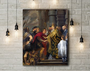May include: A painting depicting a religious scene with a group of men in period clothing. The central figure is a man wearing a bishop's mitre and robes, holding a staff. The painting is set in a grand hall with columns and arches.