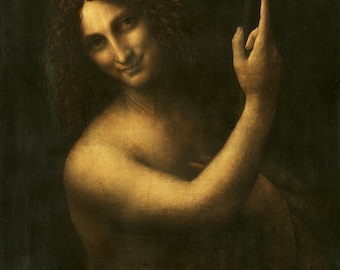 May include: A painting of a man with long, curly hair, wearing no clothes. He is pointing with his right hand and looking to the right. The background is dark.