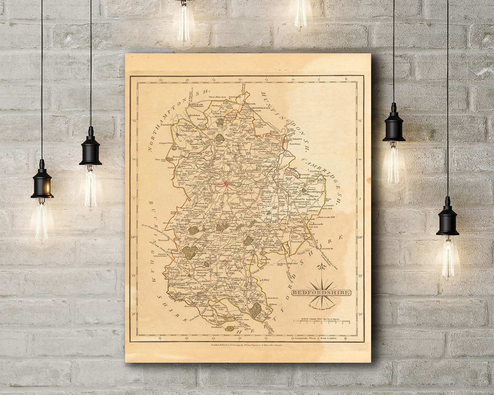 Canvas Art Print of A Map of Bedfordshire, England 1793. Large Canvas (30 x 20 Inches)