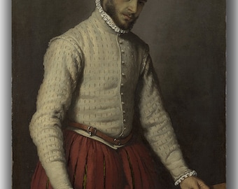 Può includere: Un dipinto di un uomo con una camicia bianca con un colletto di pizzo e pantaloni rossi, che tiene un paio di forbici e un pezzo di stoffa nera.