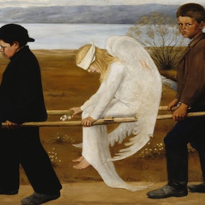 May include: Two children carry a winged figure on a stretcher. The figure is dressed in white and has a blindfold. The children are dressed in dark clothing. The background is a landscape with a lake and trees.