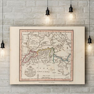 Impression sur toile premium d’une carte de barbarie incluant le Maroc Alger, Tunis et Tripoly, 1798. Reproduction de cartes anciennes de style vintage / antique