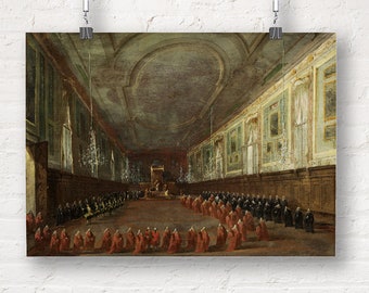 Francesco Guardi: Pope Pius VI Descending the Throne to Take Leave of the Doge in the Hall of SS. Giovanni e Paolo, 1782. Art Print/Poster