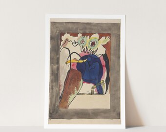 May include: Abstract watercolor painting with a blue, yellow, and red color scheme. The painting features a white bird with a long beak and a blue and yellow flower.